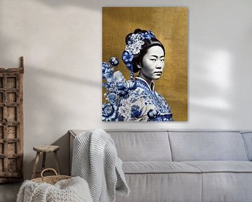 Japanse vrouw in Delfts blauw op gouden achtergrond, moderne variatie op een Geisha portret van Mijke Konijn