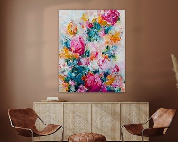 Happy Hour at the Rabbit Hole - colourful flower painting by Qeimoy