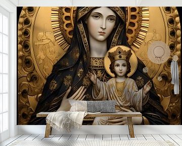 Moeder Maria met Jezus, Art Deco stijl, zwart met goud van Jan Bechtum
