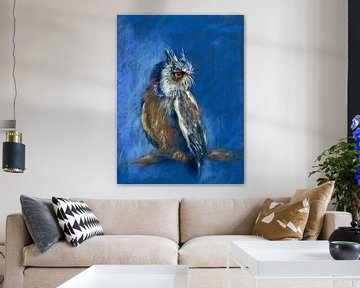 Owl in front of a Blue Night Sky Pastel Painting by Karen Kaspar