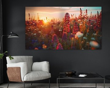 Summer field of flowers with setting sun by Vlindertuin Art