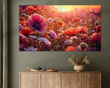 Red pink flower field at sunset by Vlindertuin Art