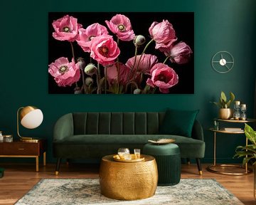 Pink poppy-like flowers against black background by Vlindertuin Art