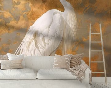 Kraanvogel met gouden achtergrond van Digitale Schilderijen