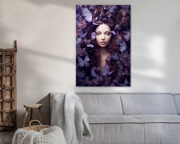 Weibliches Porträt mit lila Schmetterlingen von Digitale Schilderijen