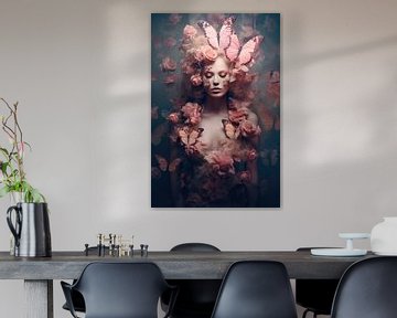 Portrait de femme avec des papillons et des fleurs roses sur Digitale Schilderijen