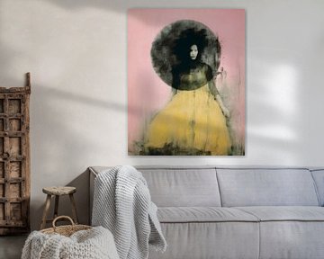 Portrait abstrait en noir, rose et jaune sur Carla Van Iersel