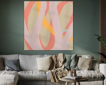 Colorful and playful modern abstract lines in beige, coral and yellow by Dina Dankers
