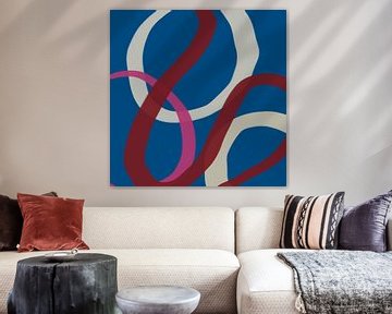 Colorful and playful modern abstract lines in blue, red, pink by Dina Dankers