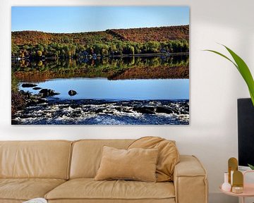 A maple forest by the lake in autumn by Claude Laprise