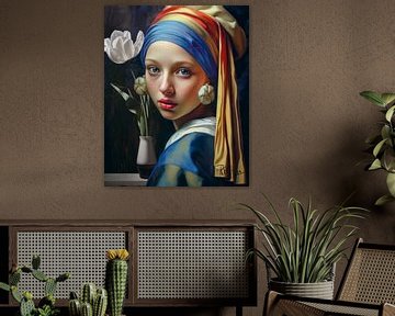 Modern Girl with a Pearl Earring VII Johannes Vermeer tulips by René van den Berg