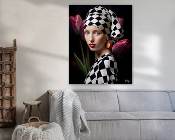 Modern Girl with a Pearl Earring V Johannes Vermeer tulips by René van den Berg