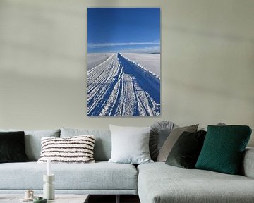 Een sneeuwscooterpad in een veld onder een blauwe hemel van Claude Laprise