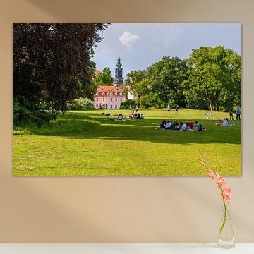 Parc de l'Ilm animé à Weimar avec vue sur le château de la ville de Weimar