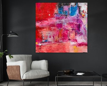 Pink View | Abstract schilderij met roze, rood, paars en blauw van Anja Namink - Schilderijen