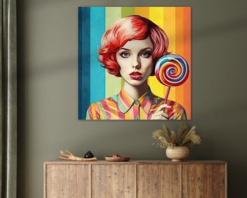 Portrait painting young woman with lollipop pop art by Vlindertuin Art