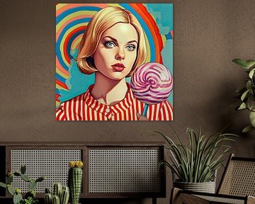 Portrait d'une femme avec une sucette dans un style pop art sur Vlindertuin Art