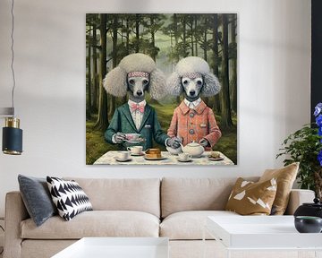 Portrait of two poodles drinking tea in the forest by Vlindertuin Art