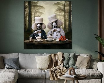 Two poodles drink tea in the forest portrait by Vlindertuin Art