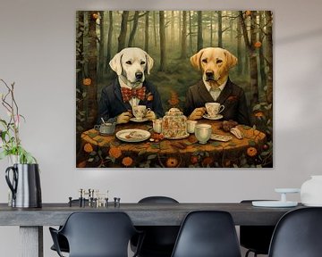 Labradors drinking tea in the forest, dog portrait by Vlindertuin Art