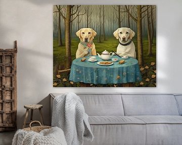 Two Labrador dogs drinking tea in the forest animal portrait by Vlindertuin Art