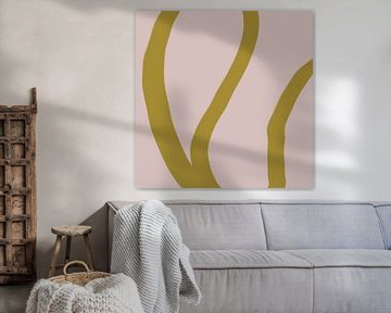 Abstracte minimalistische lijntekening in heldere pastelkleuren. Goud op roze. van Dina Dankers
