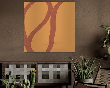 Abstract minimalist line art in bright pastel colors. Brown on yellow. by Dina Dankers