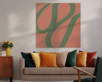 Abstract minimalist line art in bright pastel colors. Green on red. by Dina Dankers