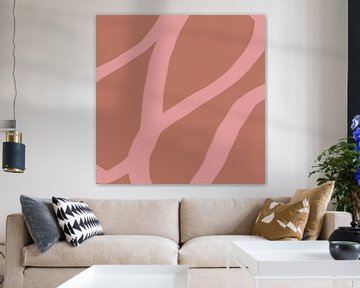 Abstracte minimalistische lijntekening in heldere pastelkleuren. Warm roze op rood. van Dina Dankers