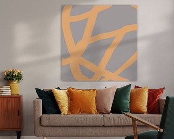 Abstracte minimalistische lijntekening in heldere pastelkleuren. Geel op taupe. van Dina Dankers
