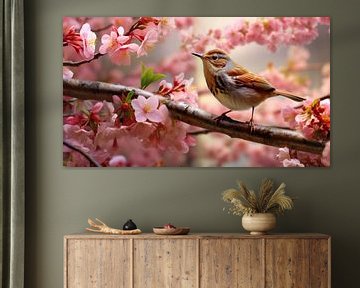 Un oiseau au milieu de la splendeur des fleurs du printemps.