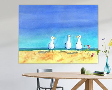 Drie meeuwen babbelend op het strand Aquarel Schilderij van Karen Kaspar