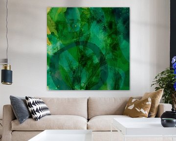 Moderne abstrakte botanische Kunst in smaragdgrüner Aquarellmalerei. von Dina Dankers