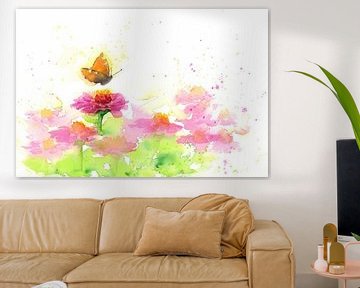 Vlinder en roze Zinnia's Aquarel Schilderij van Karen Kaspar