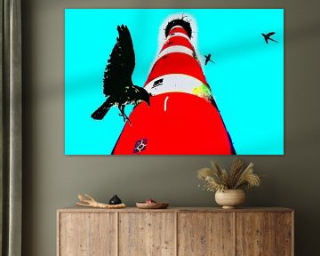 Pop-Art-Leuchtturm Ameland mit Krähe