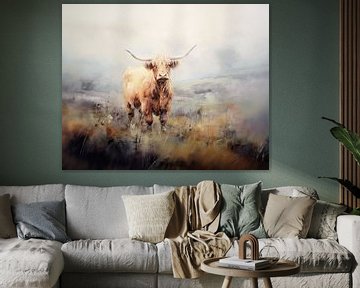 Schotse Hooglander, schilderij van koe in herfst landschap van Vlindertuin Art