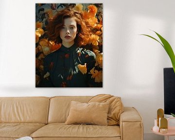 Modern portret in oranje en groentinten van Carla Van Iersel