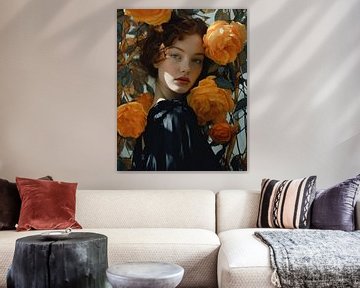 Portret "Roses" in oranje, groen en blauw van Carla Van Iersel
