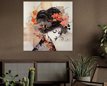 Portrait de femme style collage japonais sur Vlindertuin Art