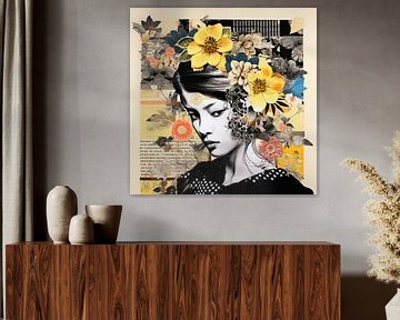 Portrait de femme collage de style japonais sur Vlindertuin Art