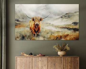 Scottish Highlander portrait in misty landscape by Vlindertuin Art