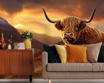 Schotse Hooglander koe bij zonsondergang van Vlindertuin Art