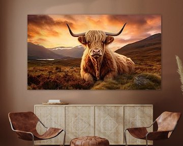 Schotse Hooglander koe bij zonsondergang