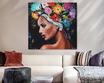 vrouw met bloemenkrans van Vrolijk Schilderij