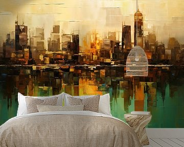 Abstracte reflectie van een skyline in rivier - olieverf van Jan Bechtum