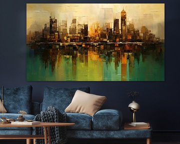 Abstracte reflectie van een skyline in rivier - olieverf van Jan Bechtum