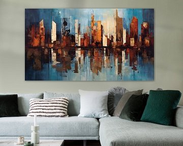 Abstrakte Reflexion einer Skyline im Fluss - Ölfarbe von Jan Bechtum