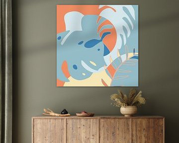 Zomertijd. Tropische botanische abstracte bladeren in terracotta, blauw en geel nr. 1 van Dina Dankers