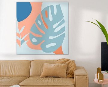 Summertime. Tropical botanical abstract leaves in terracotta and blue no. 2 no. by Dina Dankers