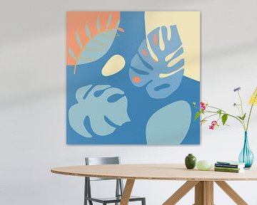 Sommerzeit. Tropische botanische abstrakte Blätter in Terrakotta, Blau und Gelb Nr. 3 von Dina Dankers